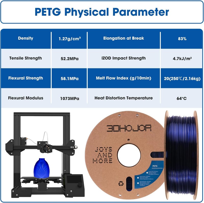 3DHoJor PETG Filament 1.75mm, PETG 3D Printing Filament, 2.2 LBS (1KG) Cardboard Spool, Fit Most FDM 3D Printer,Blue… - Image 5